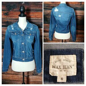 Wax Jean Jacket S Cropped Distressed Blue Denim Stretch Button Front